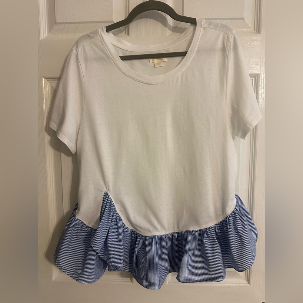 Anthropologie White and Blue Ruffle Tee